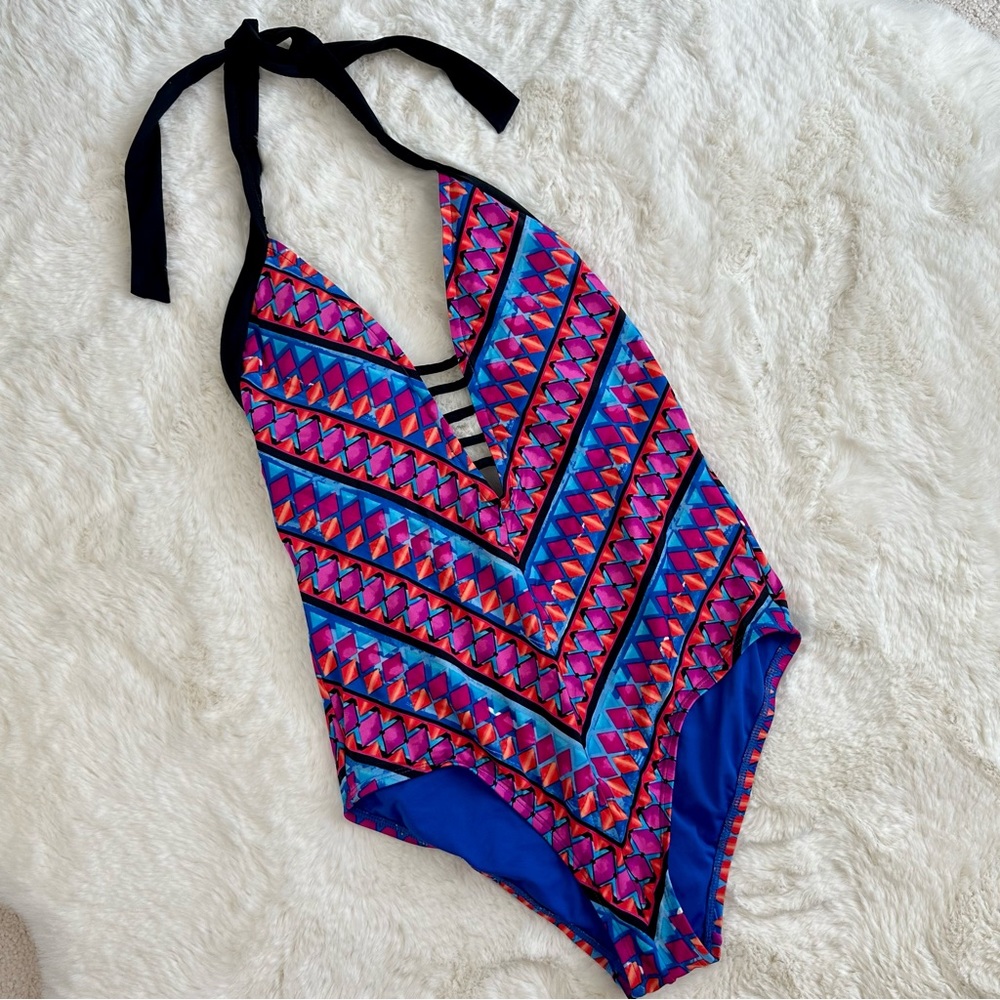 Jantzen Geometric Colorful Mesh Lined Halter One Piece Swimsuit, M